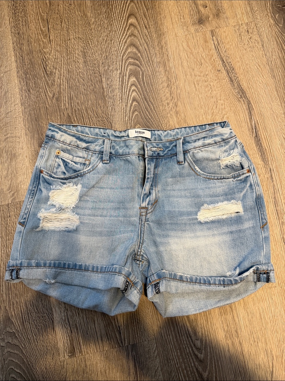 Kensie Light Blue Distressed Roll-Cuff Denim Shorts